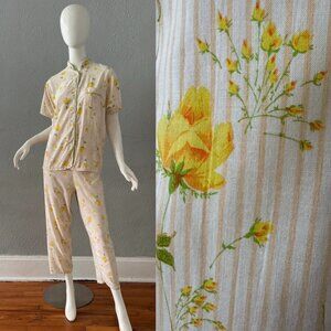 Vintage 60s Light Yellow Striped 2 Pc SCHRANK Floral Pajama Pants Set